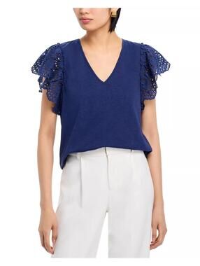 195$ Ramy Brook V-Neck Diana Pullover Top Eyelet Flutter Sleeves Size S Navy